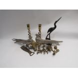 A quantity of brass and metal wares including candlesticks, insects, pheasants and owl bottle opener