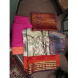 Two Indian sari skirts and three silk squares; gold, orange and turquoise