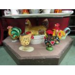 A ceramic chicken egg crock, chicken teapot, ornaments and jug (6)