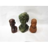 Three African busts in terracotta (Namibia), wood and green marble (Zimbabwe), tallest 21cm