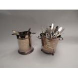 A Deco plated wine coaster and Deco ice bucket with associated flatware including Elkington