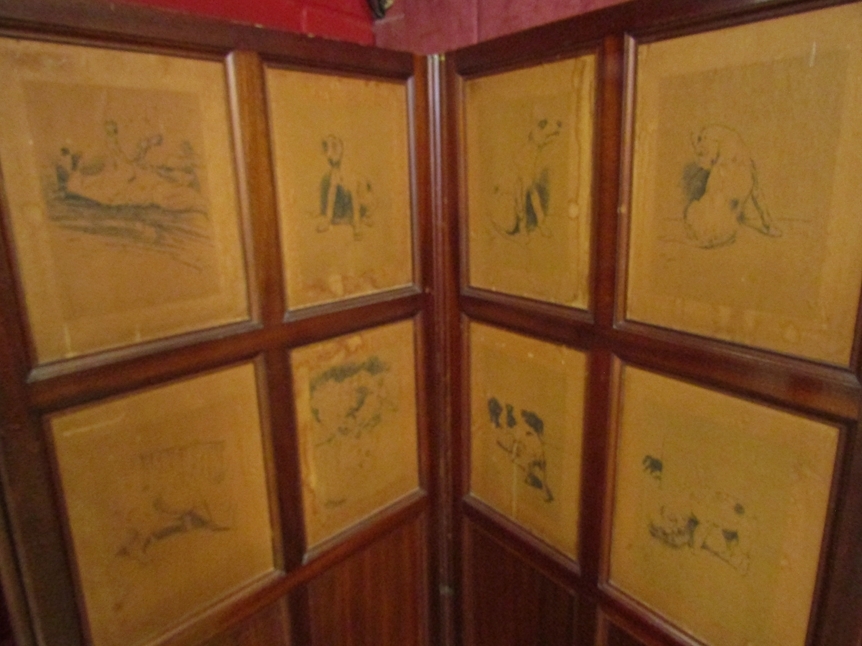 A mahogany three fold modesty screen with twenty four panels of Cecil Aldin prints depicting cats - Image 2 of 2