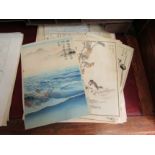 A quantity of unframed Japanese prints, some hand coloured