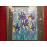 A framed and glazed picture of irises, 52cm x 39cm image size