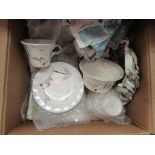 Two boxes of mixed china to include a part Aynsley teaset, 1950's part tea set etc.