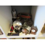 A mixed lot to include: Roberts radio, brass Art Deco style bottle opener, small mantel clock,