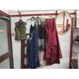Four evening dresses, two pairs of evening shoes and bags