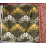 A pair of Khaki ground linen mix curtains displaying large yellow daisies, lined 130cm drop x