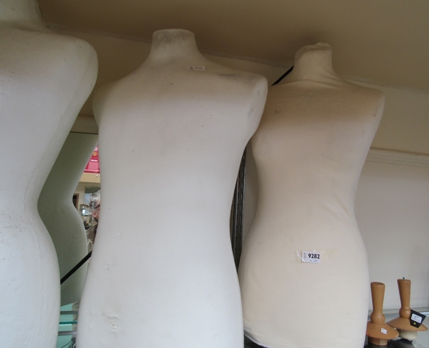 Two female tailors dummies, two wooden bases, a male torso tailors dummy, five mannequins heads - Image 3 of 7