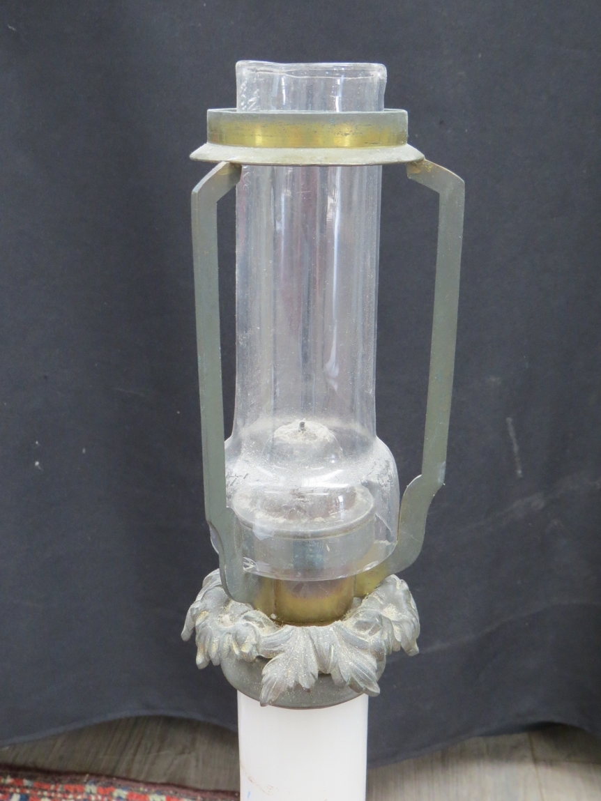 A 19th Century milk glass column candle lamp with gilt banding and blue snake coiled to base ( - Image 4 of 4