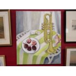 An oil on canvas depicting still-life of figs, shell and trumpet. 61cm x 50cm