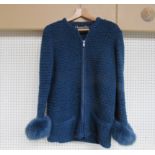 CHRISTIAN DIOR: BOUTIQUE FOURRURE vintage 1970'S-80'S petrol blue chunky wool knit zip front jack