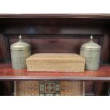 A collection of Persian style wares; two brass lidded pots, draughts board, tissue box holder (4)