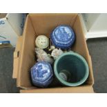 A box of mainly ceramics including Marco Giner figural group, Maling ware blue and white lidded jars