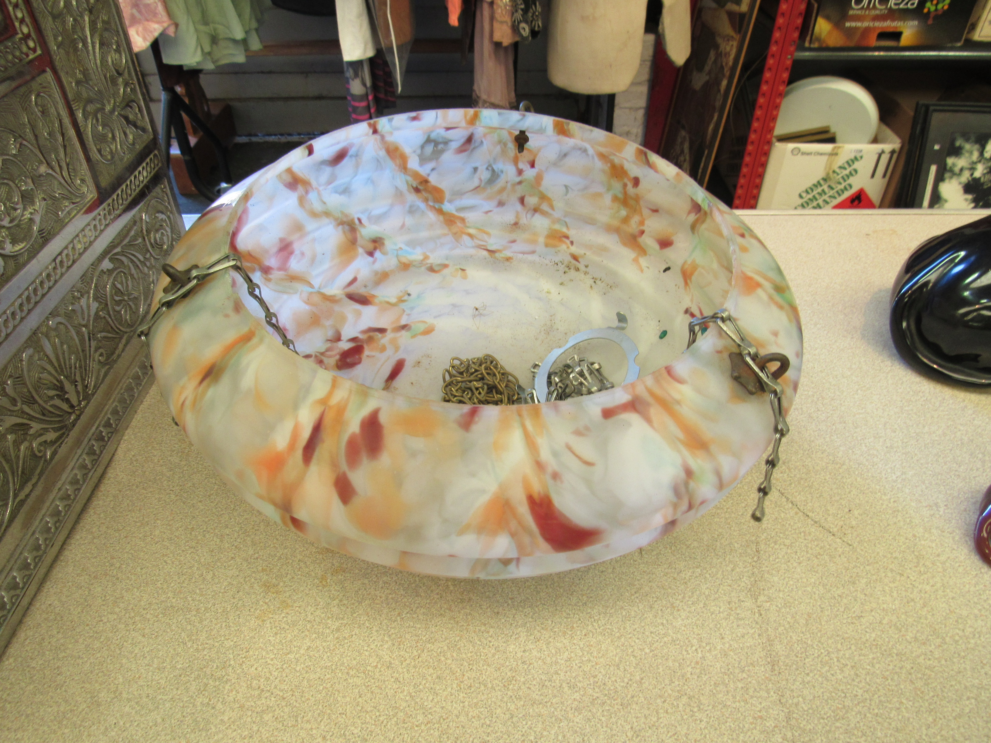 An Art Deco frosted glass marbled fly catcher light shade, small chip to rim