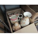 Two boxes of jugs and vases including Masons jugs, Crown Ducal vase. Also a Wood Potteries of
