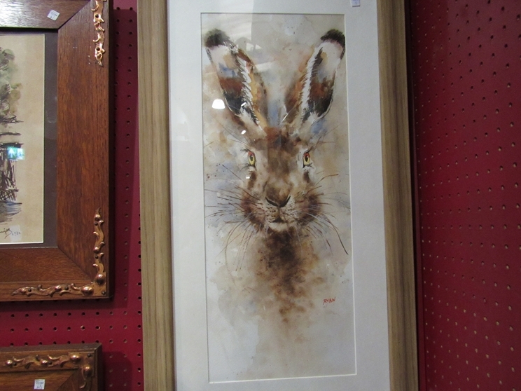 JOHN RYAN: A 'Hare' watercolour, framed and glazed, 50cm x 20cm