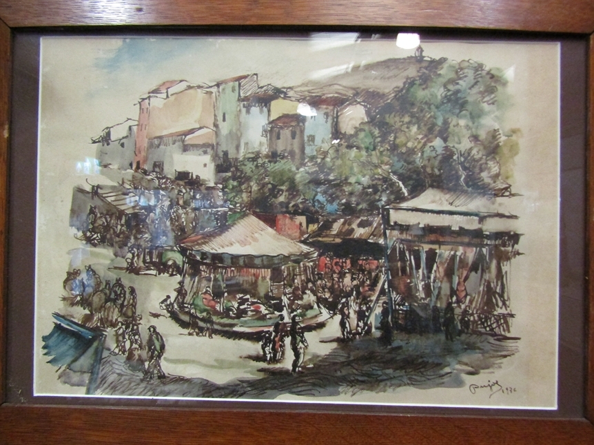 RAMON PUJOL (1907-1981): A pair of Spanish watercolours in oak frames with Art Nouveau copper - Image 2 of 4