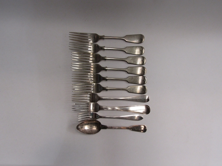 A selection of silver and plated flatware including Dutch silver, set of six forks marked Sidney