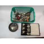 A quantity of plated cutlery, Silver jubilee dish etc.