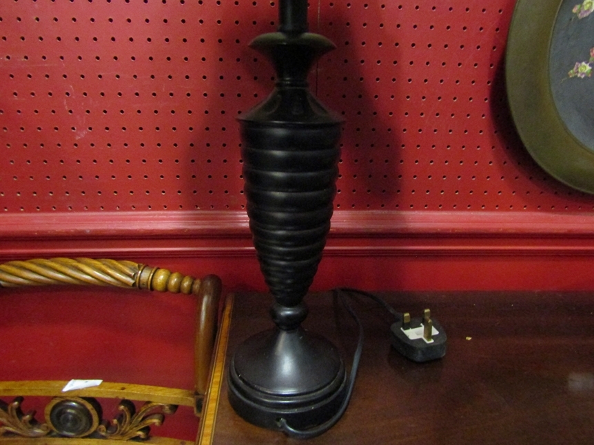 An ebony table lamp with bobbin turned base and cream design shade, 55cm tall - Image 2 of 2