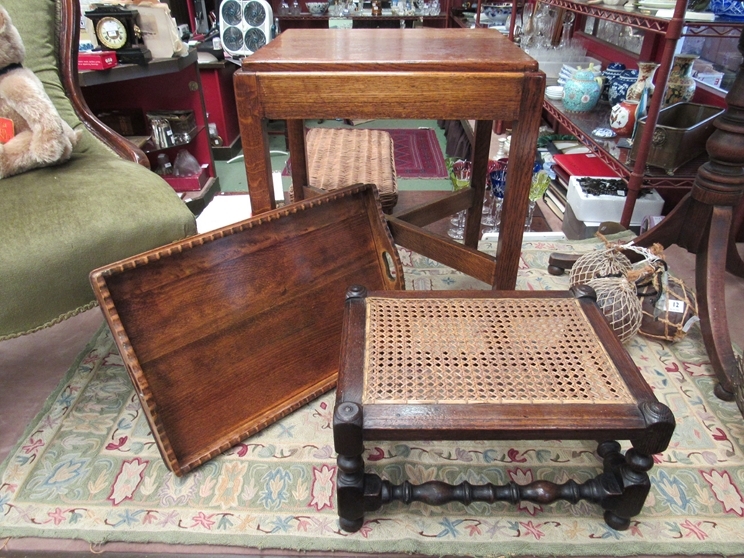 An oak side table, a tray and a bergere footstool with turned supports (3)