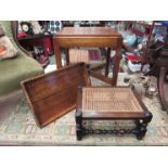 An oak side table, a tray and a bergere footstool with turned supports (3)
