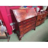 An early George III Circa 1780 flame mahogany bureau the fitted interior of eight drawers/pigeon