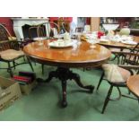 A Circa 1860 burr walnut quarter veneer oval tilt top table on a turned and carved base with