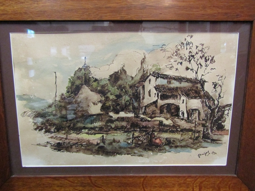 RAMON PUJOL (1907-1981): A pair of Spanish watercolours in oak frames with Art Nouveau copper - Image 4 of 4