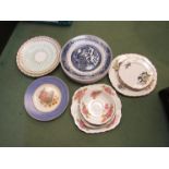 A box containing assorted china including Coalport plates, Old Willow pattern plates etc.