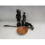 A collection of carved African items; figures, animals, shoe horn, etc