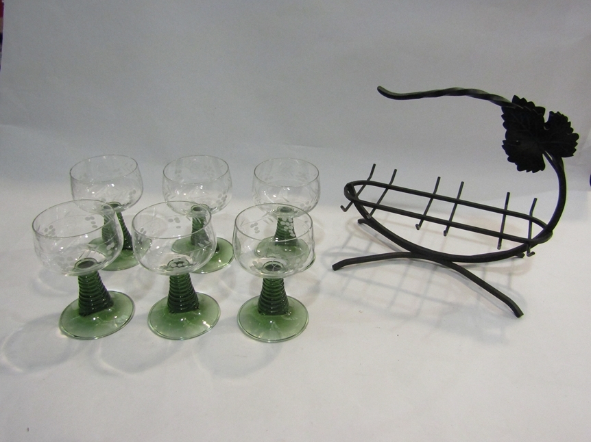 A set of six green stem wine goblets with grape and vine etched design together with a metal - Image 2 of 2
