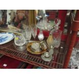Mixed items including crystal decanter, brandy balloons, metal wares, coasters and candlestick