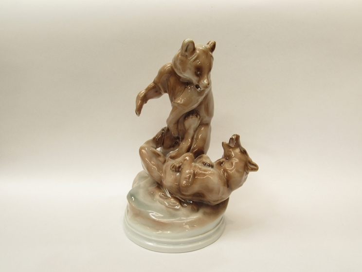 A Zsolnay porcelain figural group of fighting bears, 162509, 30cm high