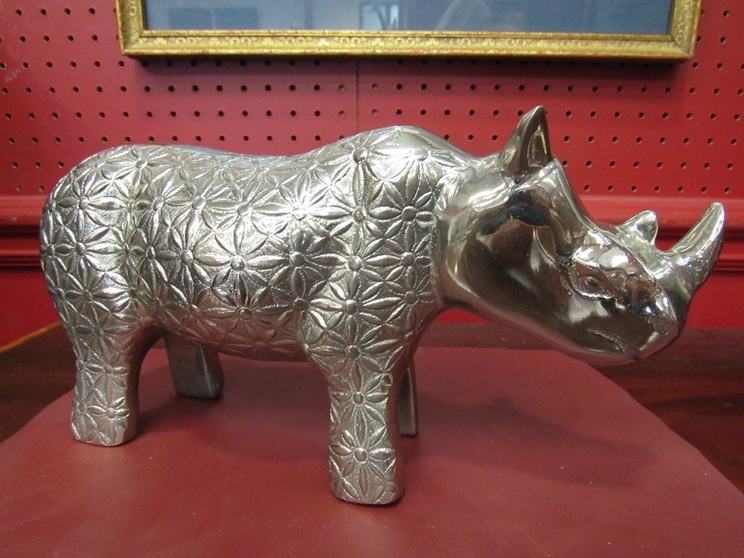 A modern alloy rhino figure, 27cm long