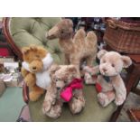 Four soft animals including camel, jointed bear, Teddy Bear Company jointed bear and doorstop fox (
