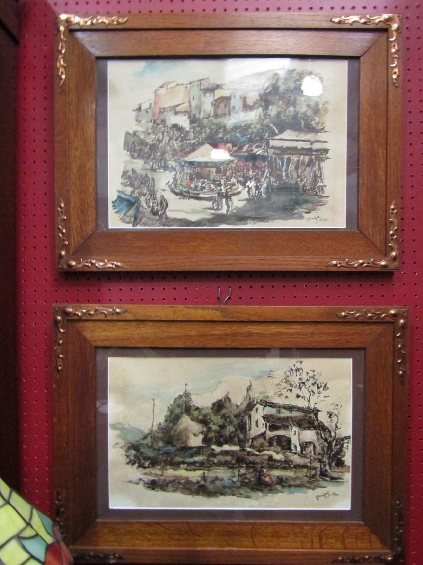 RAMON PUJOL (1907-1981): A pair of Spanish watercolours in oak frames with Art Nouveau copper