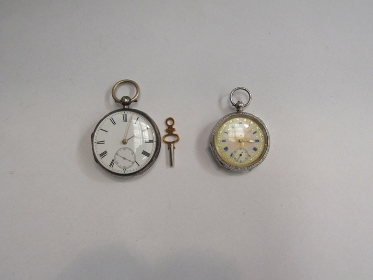 Two silver fob watches including one with enamel numerals