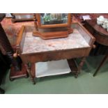 An early Victorian fruitwood washstand the variegated marble withthree quarter upsand over a