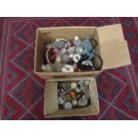 Two boxes containing assorted scent bottles, jars and pots etc. including ornamental examples