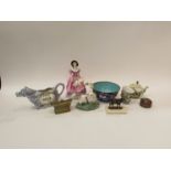 A box of mixed ornaments including cow milk jug, Coalport lady, cloisonne items