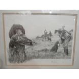A Mike Sibley limited edition print of farmers and dogs, pencil signed, No. 70/100, framed and