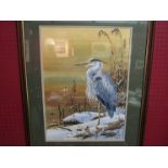 NEIL COX: A watercolour of heron in wintery scene, framed and glazed, 50cm x 37cm