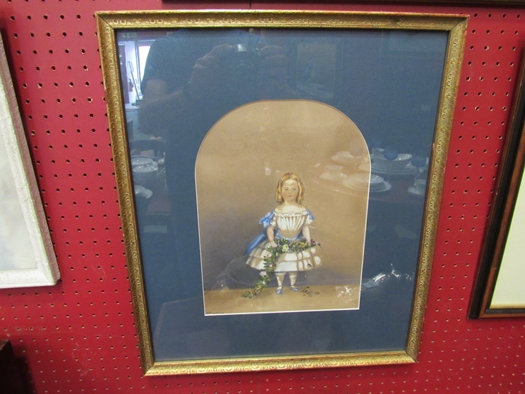 A 19th Century watercolour image of young girl with a garland of flowers, signed and dated lower