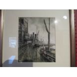 R.SIGER: An ink and watercolour of a quayside scene, signed lower left, framed and glazed, 21cm x