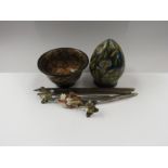 An egg form decorative box, lacquered bird design bowl, quills and page markers