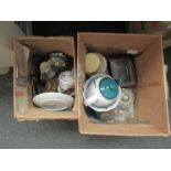 Three small boxes of mixed items: cash tin, two small silver plated trays, Denby Green Wheat, A/F