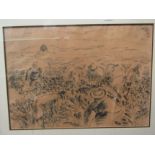 Charcoal on paper, probably South American, of crop gatherers in a field by N Haiou, signed lower