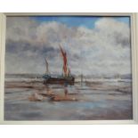 KEN CURTIS: An acrylic on board of boats at Pin Mill, signed lower right, framed 47cm x 58cm